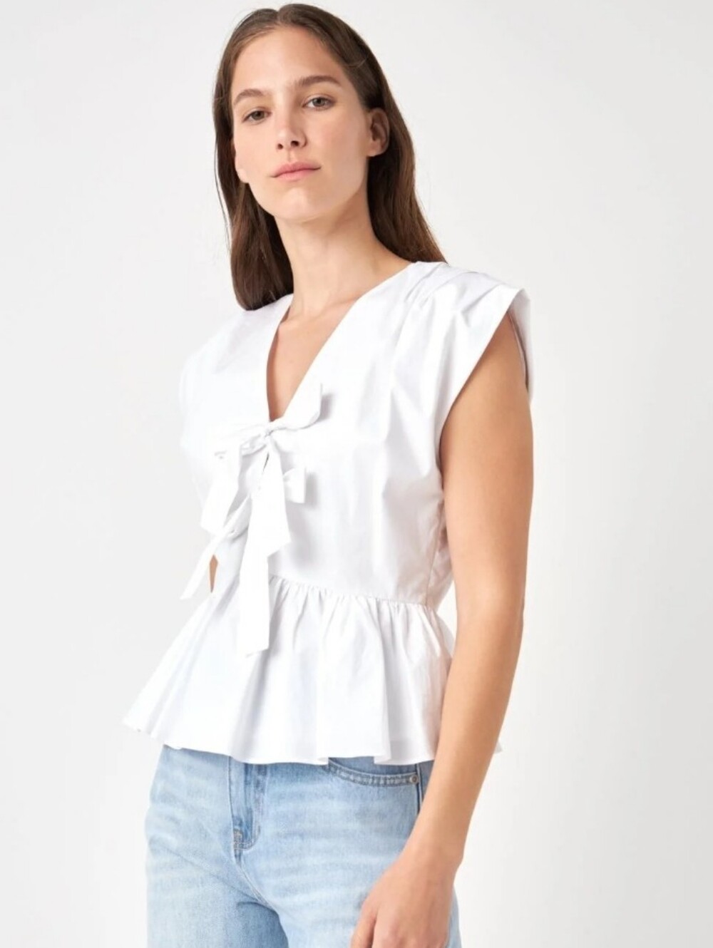 English Factory Front Double Bow Tie Top White Peplum Lined Women's L NWT